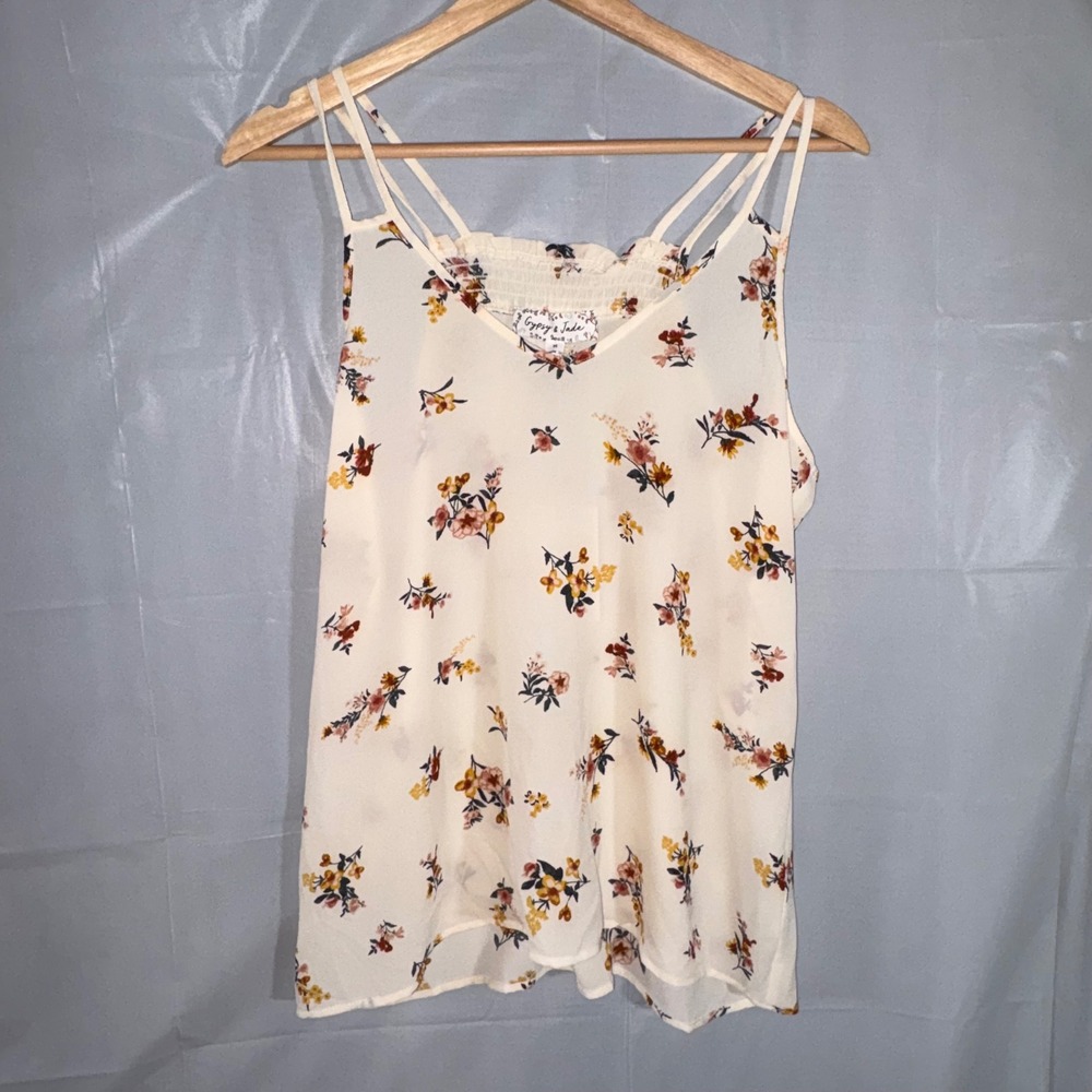 Gypsy & Jade Women Winter White Floral Smocked Back Cami Top Medium Strappy NWT